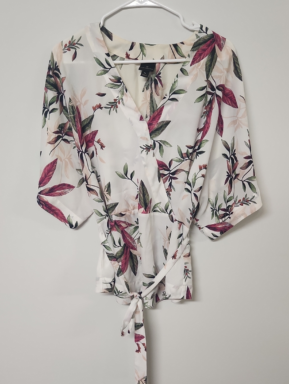 Worthington Floral V-Neck Top with Green Leaves and Berry Accents